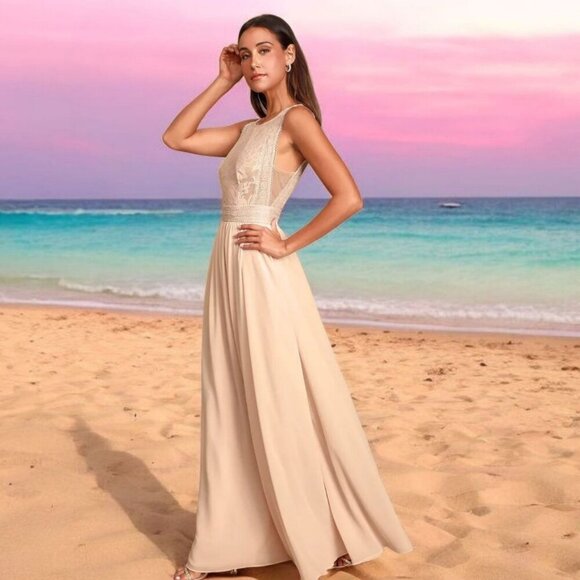 Lulus Forever and Always Maxi Dress–Blush Pink Lace Bodice Chiffon Skirt, Bridal - Picture 1 of 15